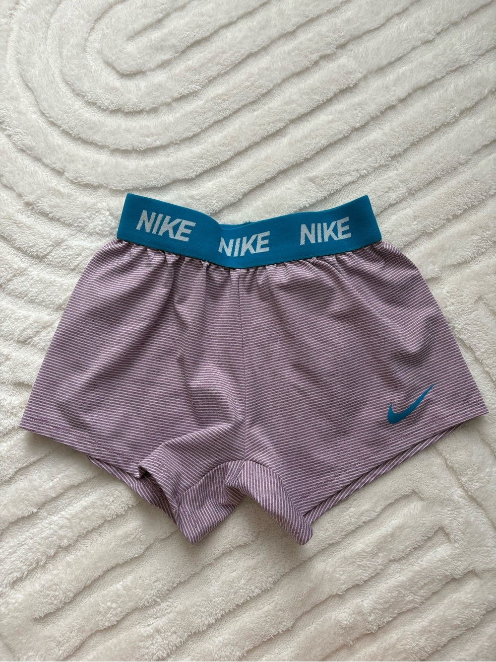 Nike Purple Striped Athletic Shorts with Teal Waistband and Swoosh